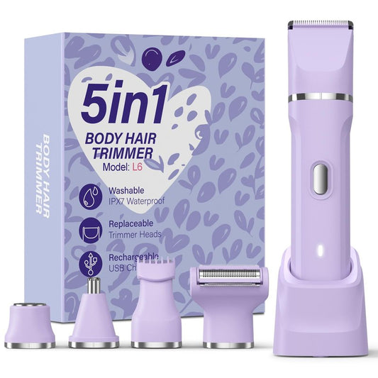 HOHOLE 5-in-1 Bikini Trimmer for Women, IPX7 Waterproof Electric Razors Shaver, Cordless Body Hair Trimmer, Facial & Pubic Hair Removal, Ceramic Blade (Purple)