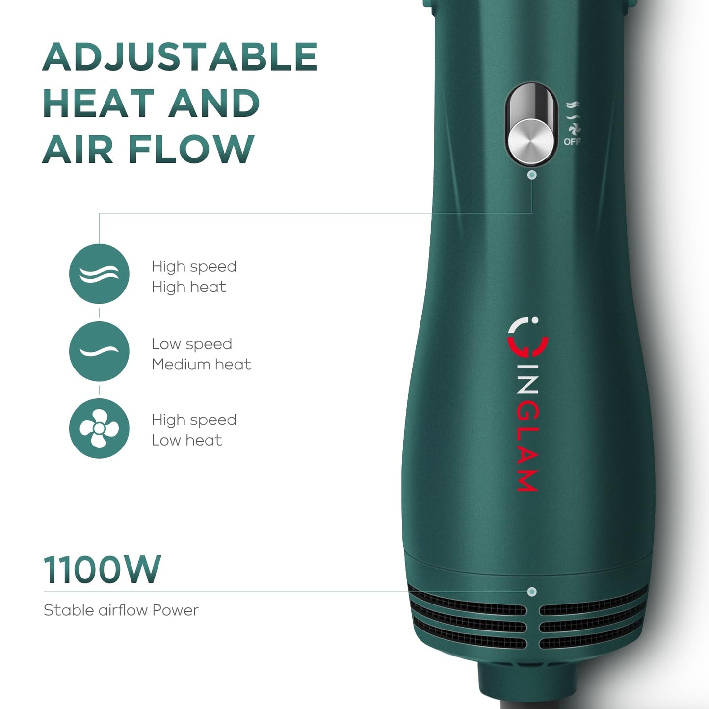 IG INGLAM Hair Dryer Brush, 4-in-1 Detachable Blow Dryer Brush, Ionic Diffuser Hair Dryer & Styler Volumizer with Oval Titanium Barrel, One-Step Hot Air Blowout Styler, Dark Green