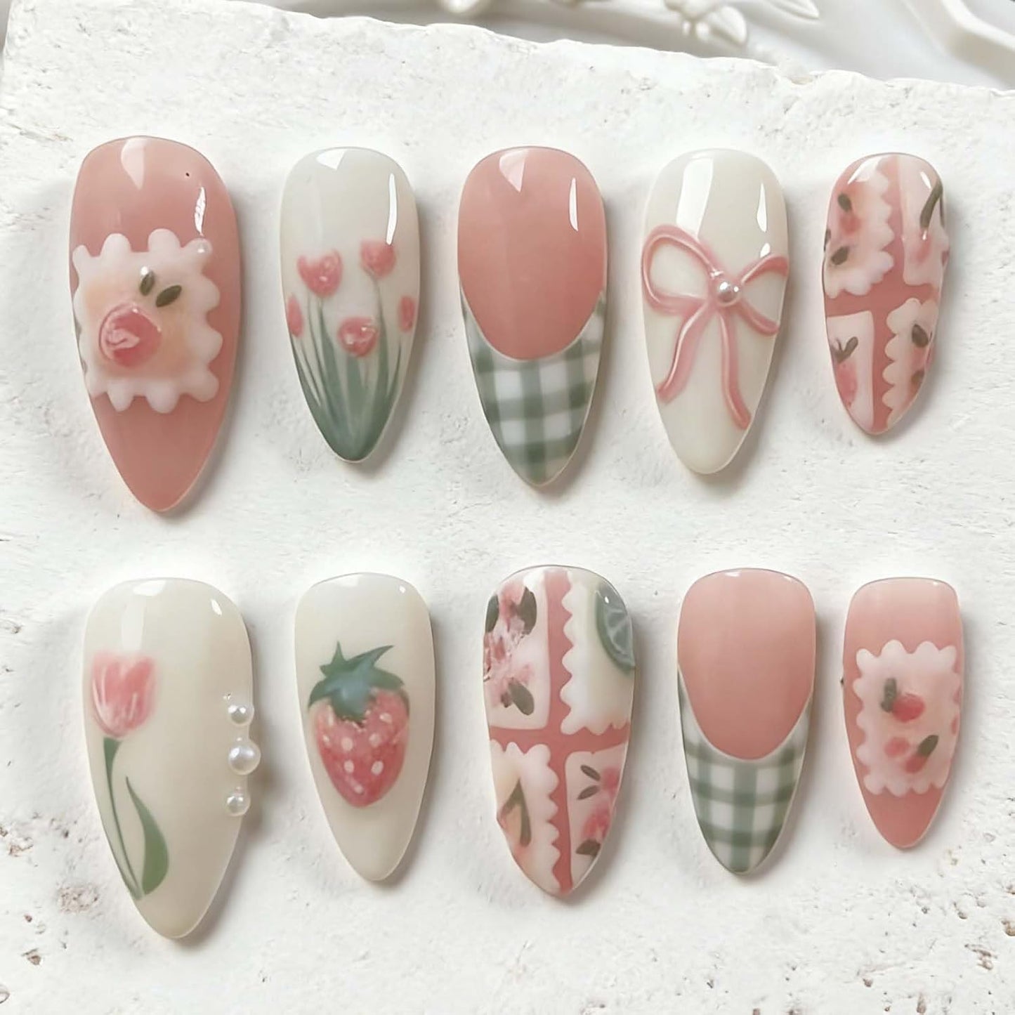 Press-On Nails - 24Pcs Medium Almond Beach Flower Design | Full Cover Acrylic with Shell & Starfish Rhinestones