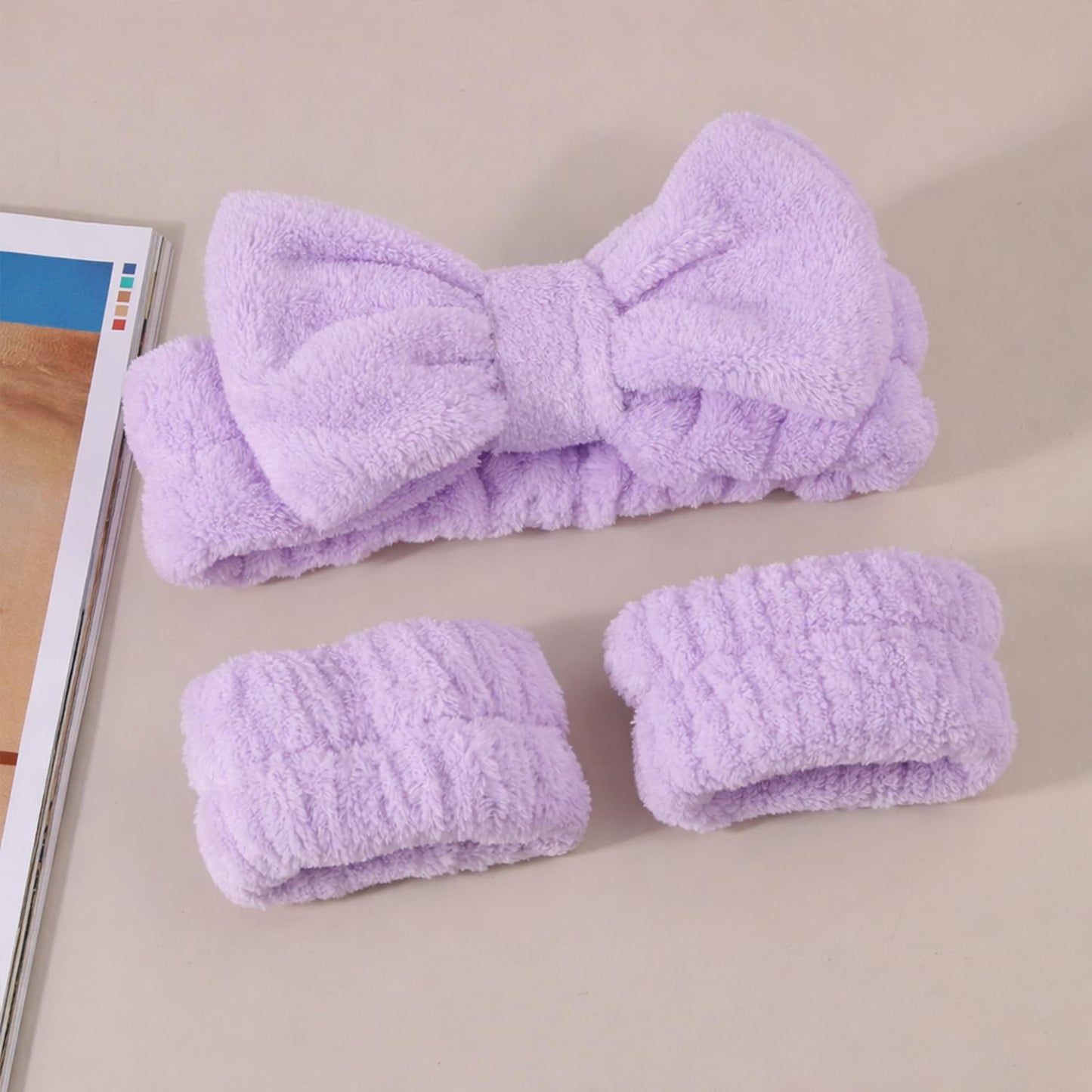 3-Piece Skincare Headband and Wristband Set, Fluffy Bow Spa & Face Wash Makeup Headband for Washing Face, Soft Microfiber Skin Care Tools for Women - Purple#1