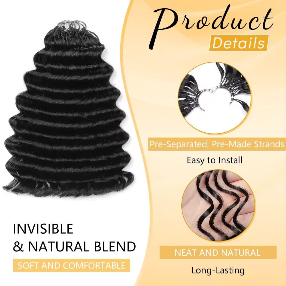Human Crochet Hair for Black Women 22 Inch Deep Ocean Wave Curly Bundles Human Hair 150g Pre-separated Feather Crochet Human Hair Invisible Crochet Hair Extensions 120 Strands Natural Black
