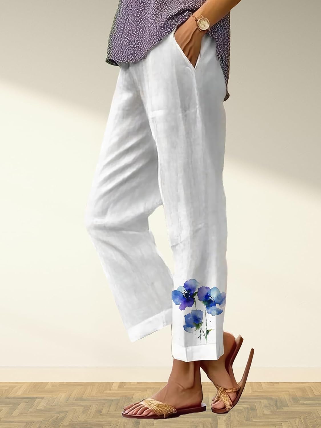 Women's Boho Floral Wide Leg Capris - Elastic Waist, Loose Fit Beach Pants | Casual Summer Trousers