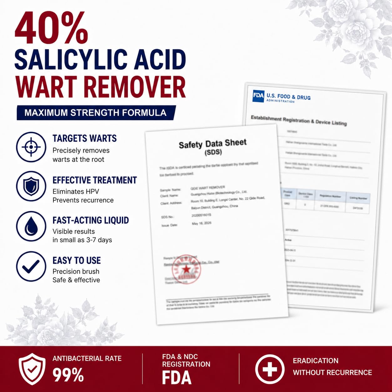 QQE 40% Salicylic Acid Wart Remover Liquid for Feet & Body, Maximum Strength Plantar Wart Remover for Feet, Fast-Acting Wart Remover for Common, Flat & Foot Warts, Easy-to-Use Wart Remover Liquid