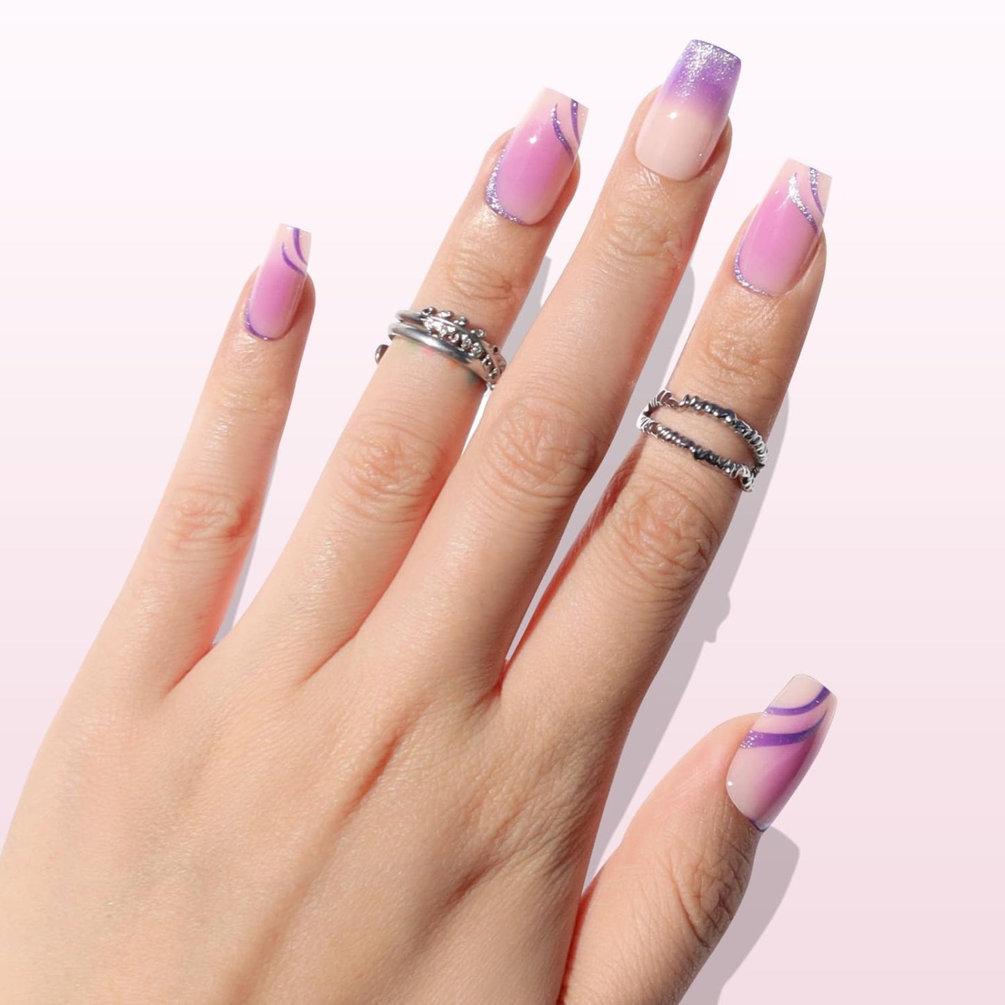 Nail Reformation Press On Nails, Purple Hour | Short Coffin Fake Nails with Violet Ombre & Shimmery Metallic Ribbon Design, Reusable Stick On Nails Kit - 32 Pcs in 16 Sizes, Manicure Gifts for Women