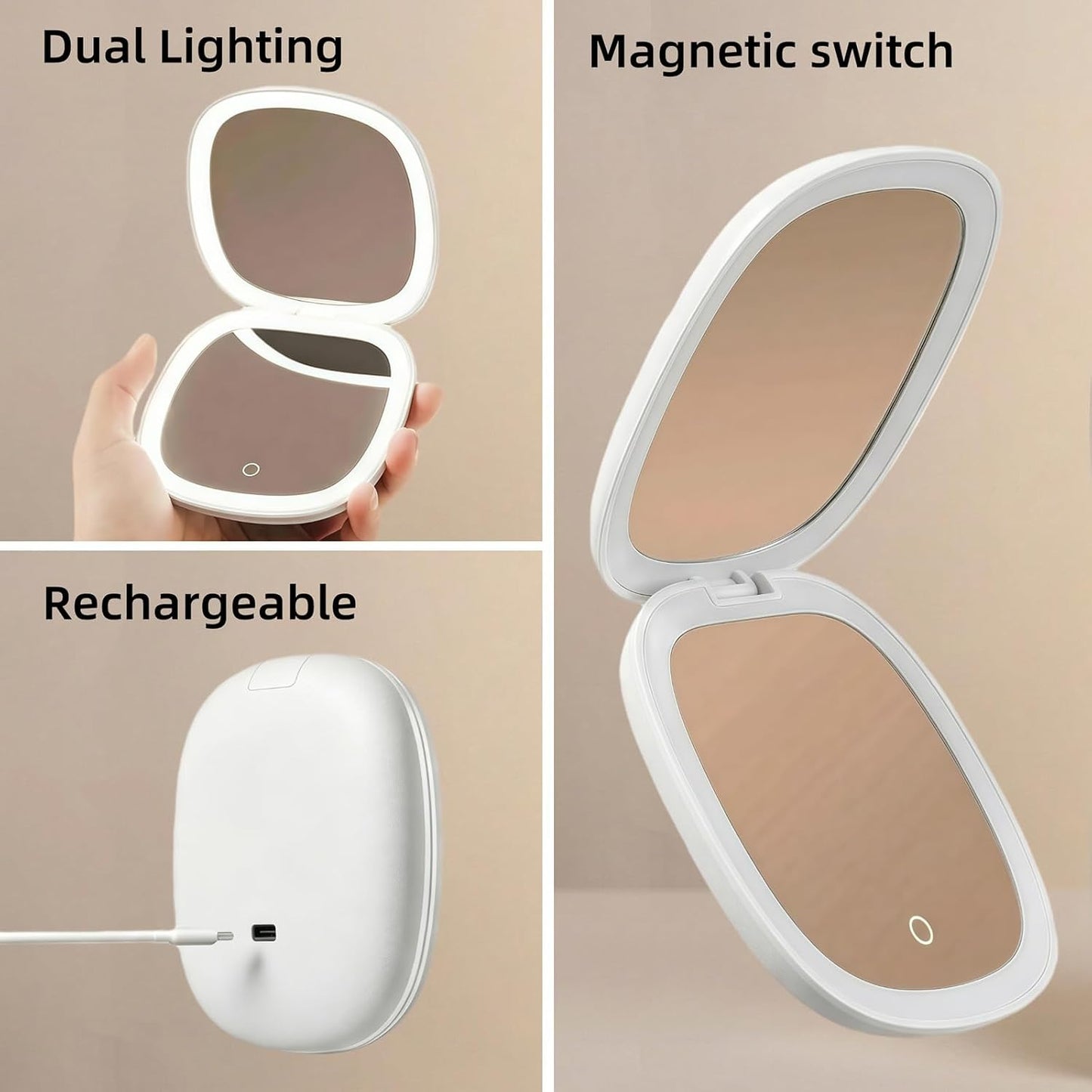 Compact LED Travel Magnifying Makeup Mirror - 1X/10X Rechargeable 4-Inch Lighted Mirror | Dimmable & Portable for Purses
