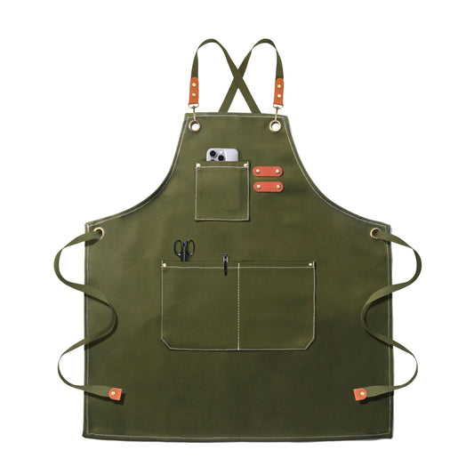 OUNLEN Chef Apron for Men Women Canvas Aprons with 3 Pockets Cross Back Resistant Work Apron for Cooking Grilling Baking BBQ Barber Kitchen (Army green)