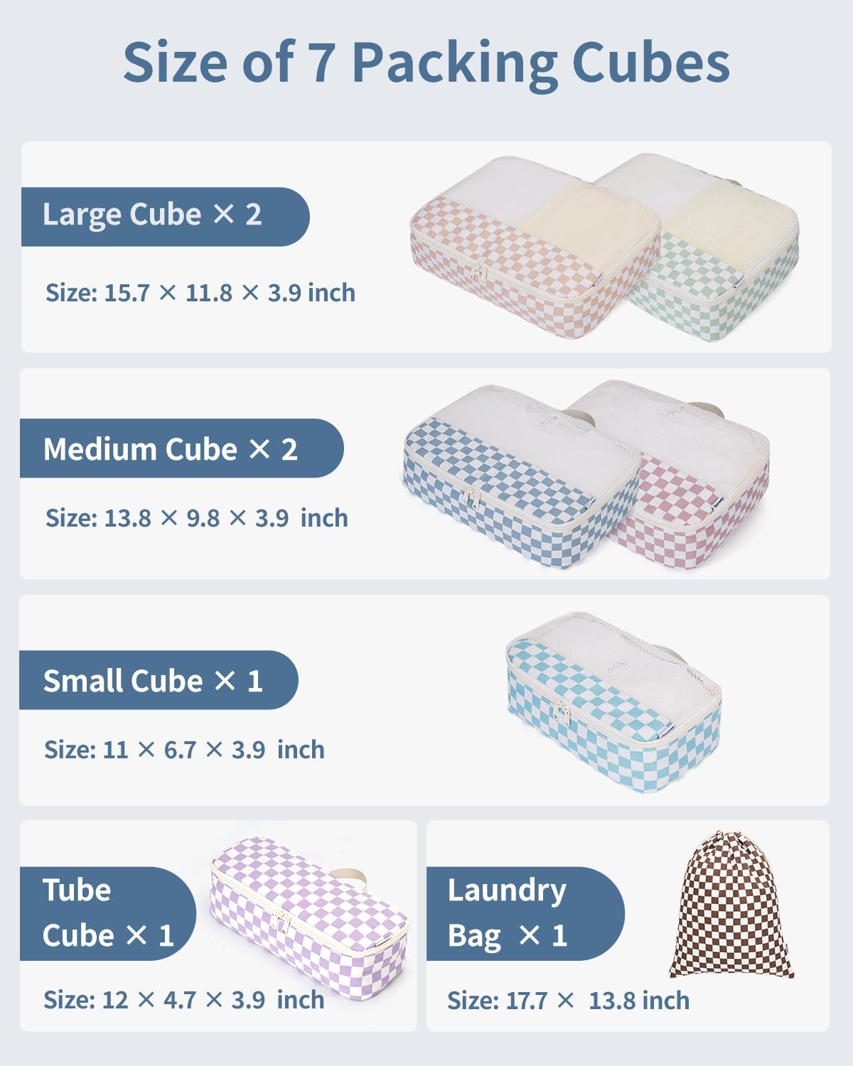 Checkered Packing Cubes Set - Durable Travel Organizer Bags for Kids & Women | 7-Piece Set