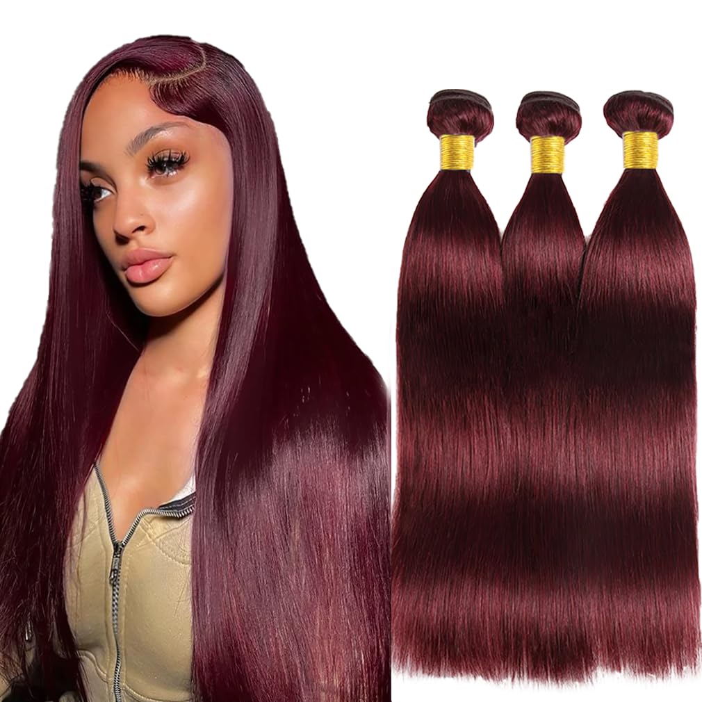 Burgundy Bundles Straight Bundles Human Hair 14 16 18 Inch #99J Straight Bundle Unprocessed Brazilian Virgin Weave Hair 3 Bundles 50 Gram Per Bundle for Black Women