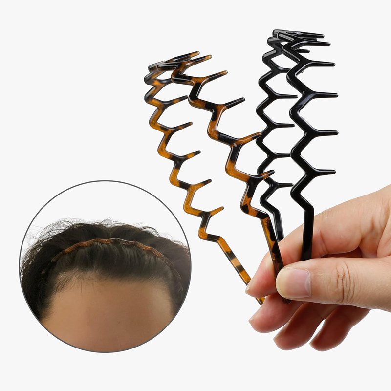 Zig Zag Headbands for Women & Teens - Non-Slip Plastic Hair Bands | 4-Pack Black Hair Accessories