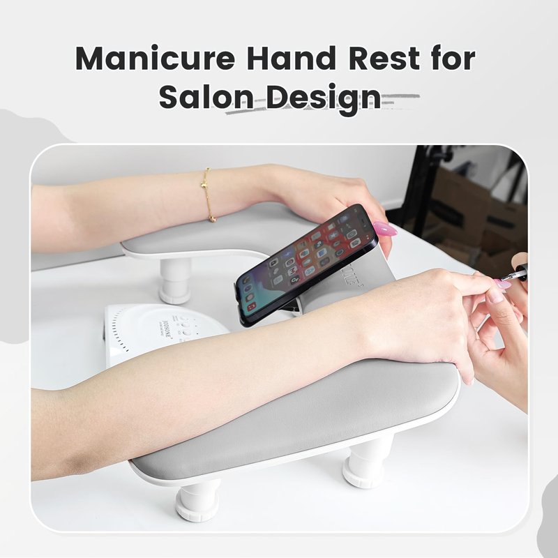 JODSONE Gray U-Shaped Arm Rest for Nails Tech with Rotating Built-In Phone Holder and Adjustable Nail Arm Rest Detachable Manicure Hand Rest for Salon Design