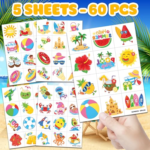60 Pre-Cut Summer Temporary Tattoos for Kids - Hawaiian Designs