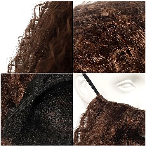 JEGERMIG Brown Long Curly Wig and Beard Set - Halloween Costume & Cosplay Variant 1