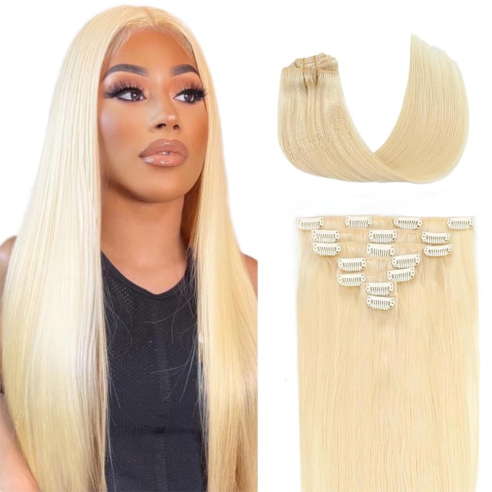 18 Inch #613 Clip in Hair Extensions Real Human Hair 120g/7Pcs,Full Shine Honey Blonde Remy Human Hair,#613 Blonde Straight Clip ins Brazilian Virgin Human Hair Extensions