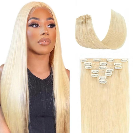 18 Inch #613 Clip in Hair Extensions Real Human Hair 120g/7Pcs,Full Shine Honey Blonde Remy Human Hair,#613 Blonde Straight Clip ins Brazilian Virgin Human Hair Extensions