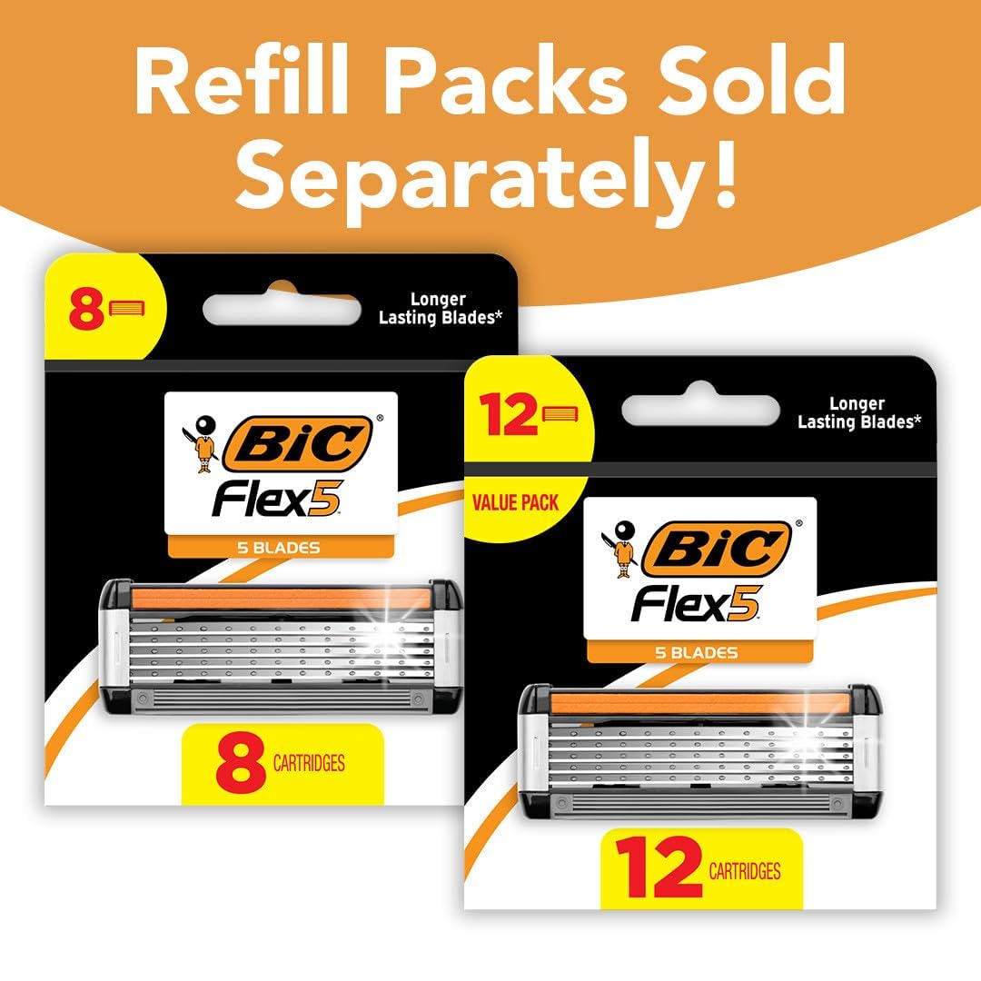 BIC Flex 5 Men's 5-Blade Razors - Refillable Shaving System with 12 Cartridges | Smooth Shave Gift Set