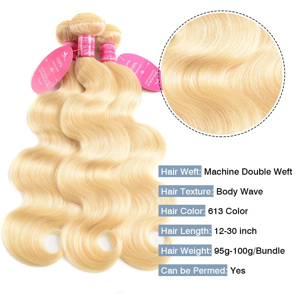 613 Blonde Body Wave Bundles 100% Unprocessed Brazilian Virgin Hair Blonde Human Hair 3 Bundles for Black Women Double Weft