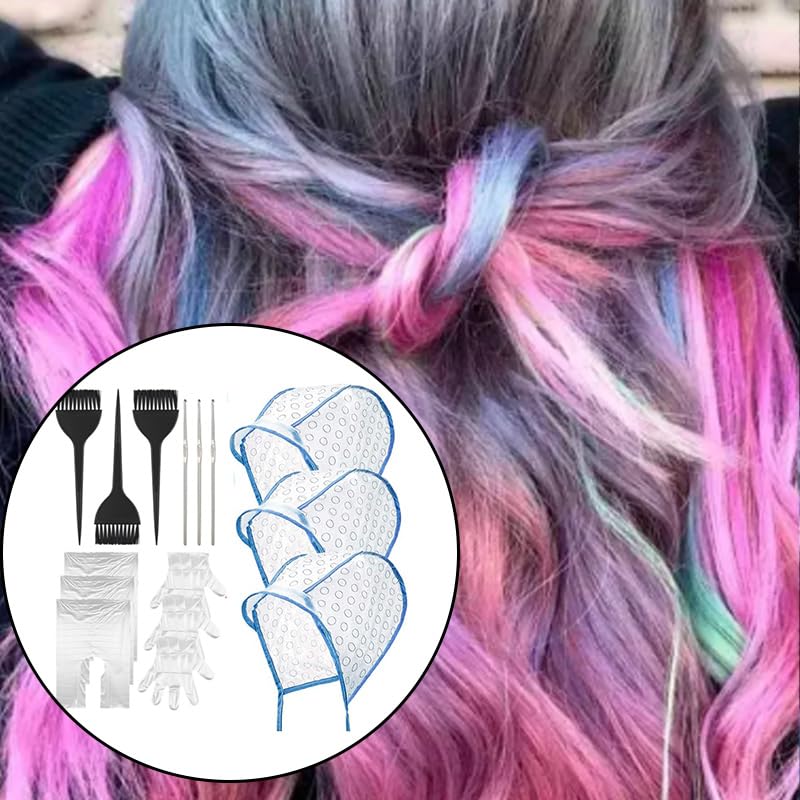 Hair Highlighting Cap Kit - 15 Pcs Dye Caps, Brushes & Needles for Salon DIY Hairdressing | Blue