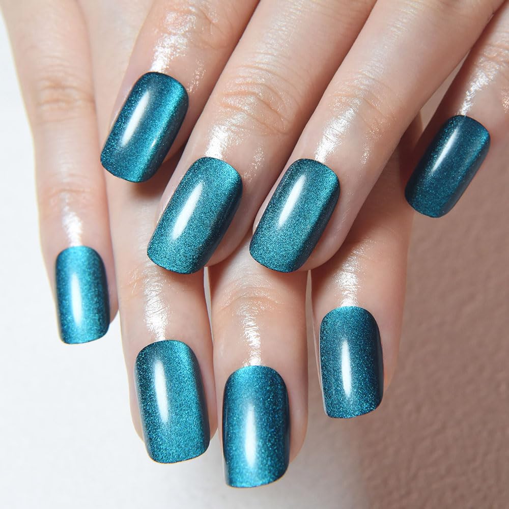 Aqua Blue Cat Eye Press-On Nails - Medium Square Chrome Design | Holographic Glitter Gel Acrylic Reusable