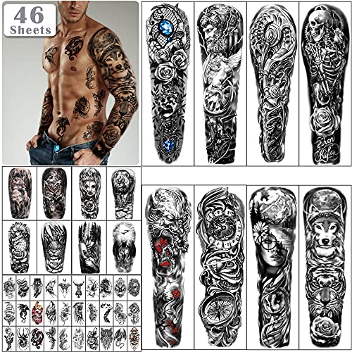 Yazhiji 46 Sheets Skull Temporary Tattoos for Men & Women - Waterproof Full Arm & Half Arm Designs