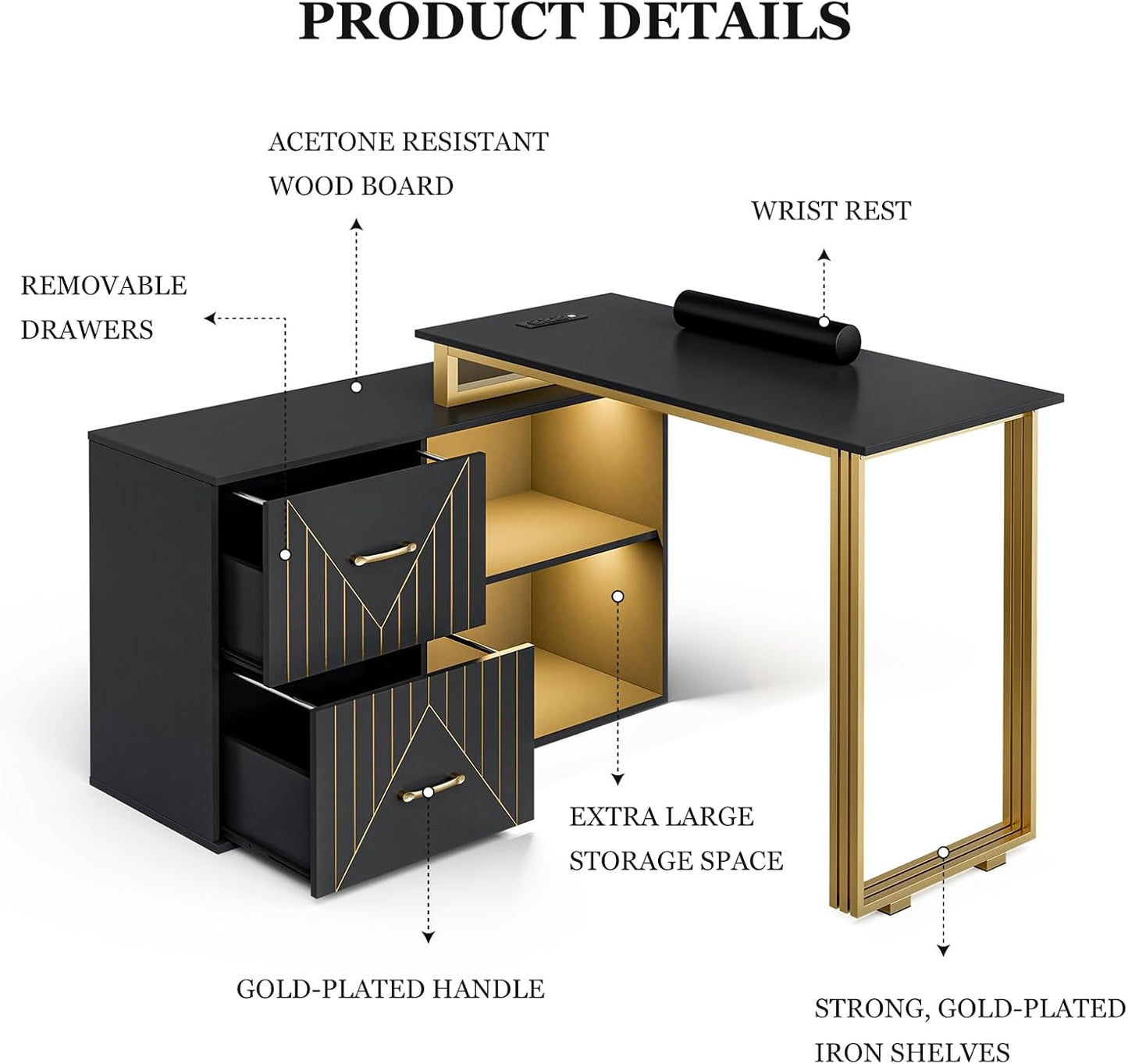 Manicure Table for Nail Tech - Corner Nail Desk with Wrist Cushion, 2 Drawers & LED Lights | Black