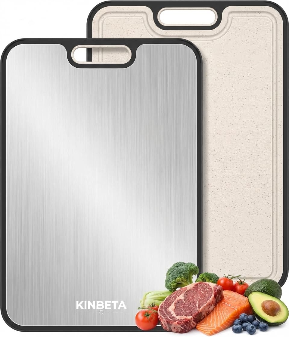 KINBETA Titanium Cutting Board for Kitchen, Double Sided 2-in-1 Chopping Board with Grinding Area, Food Grade Non Toxic Metal Cutting Board for Meat & Veggies, Easy to Clean, Large Size 16"×11"