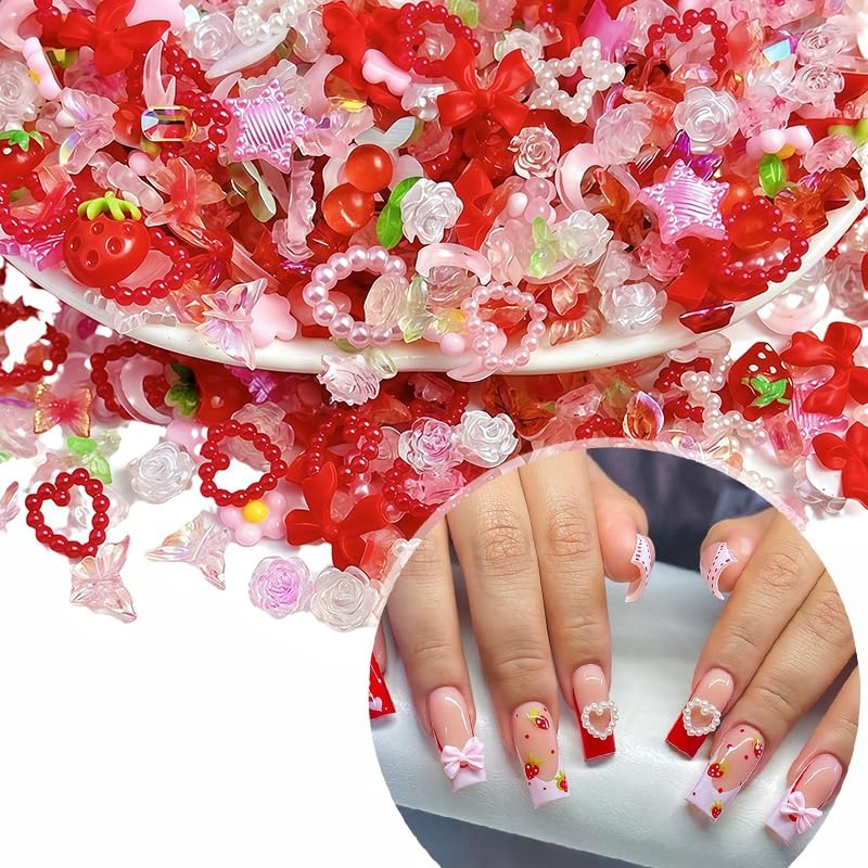 100PCS 3D Strawberry Nail Charms Set - Cherry & Butterfly Designs