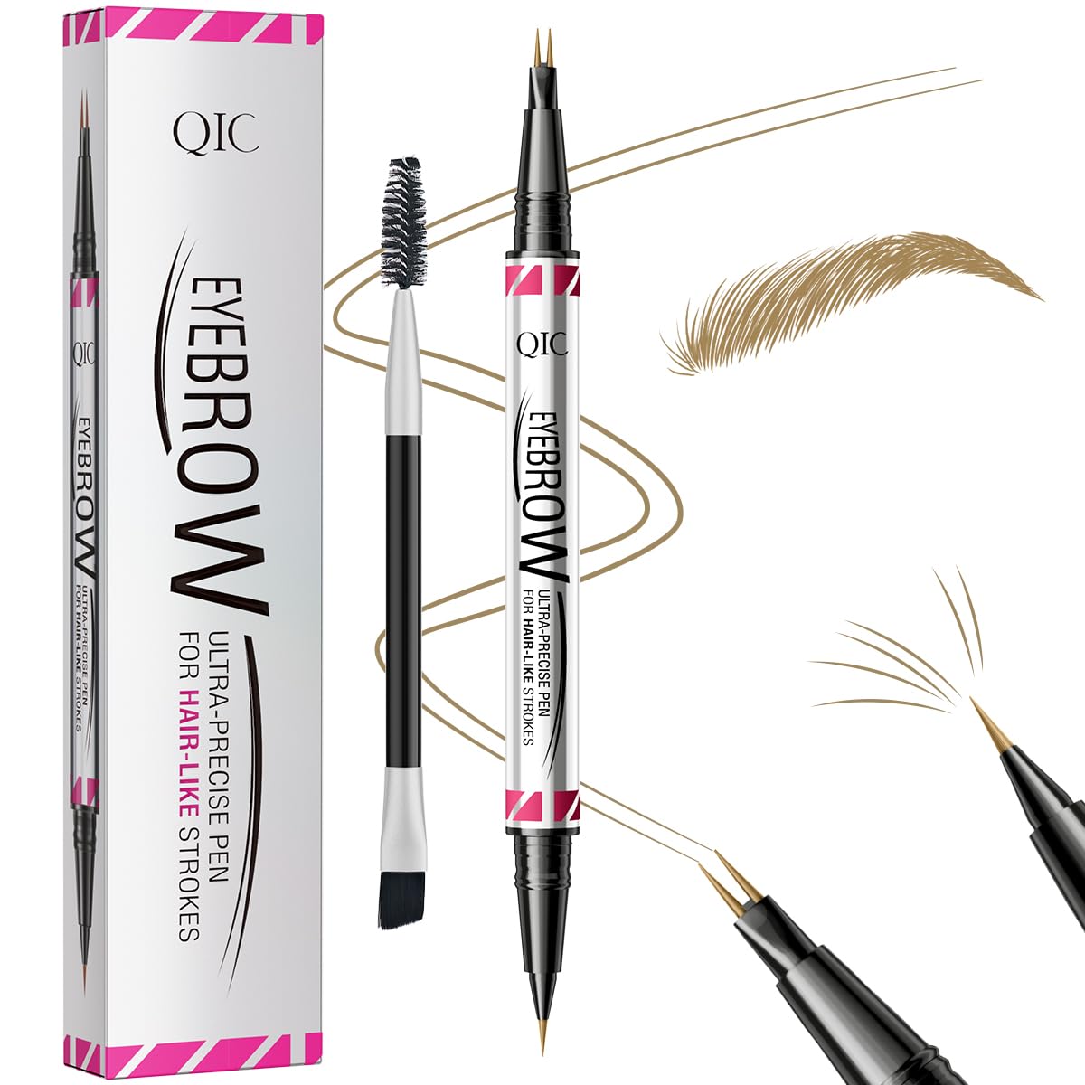 Eyebrow Pen - Eyebrow Pencils for Women, W3W Dual-Ended Microblading Eyebrow Pen, Micro-Fork-Tip + Ultra-Fine Brush Tip, Waterproof Smudge-Proof, Create Natural Hair-Like Brows (Light Brown)