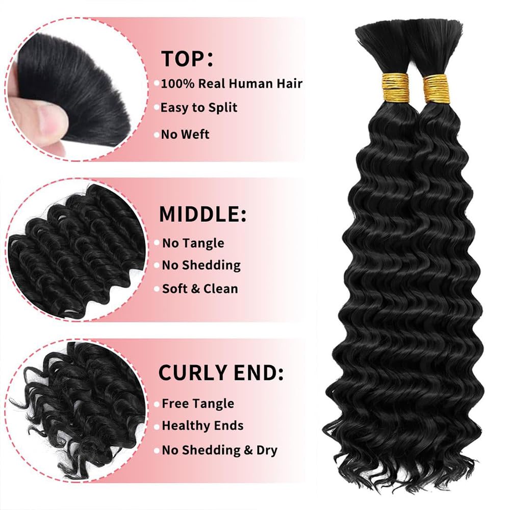 Human Braiding Hair for Boho Braids 18 18 Inch Deep Water Wave Bulk Human Boho Hair for Braiding No Weft Wet and Wavy Human Hair Extensions Natural Color