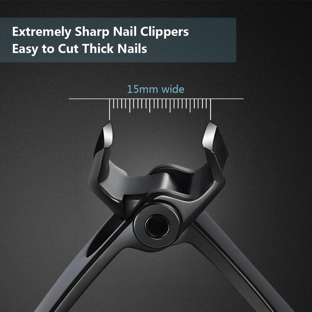 Big Toenail Clippers - Stainless Steel Wide Jaw Nail Clippers for Thick Nails | 15mm Black