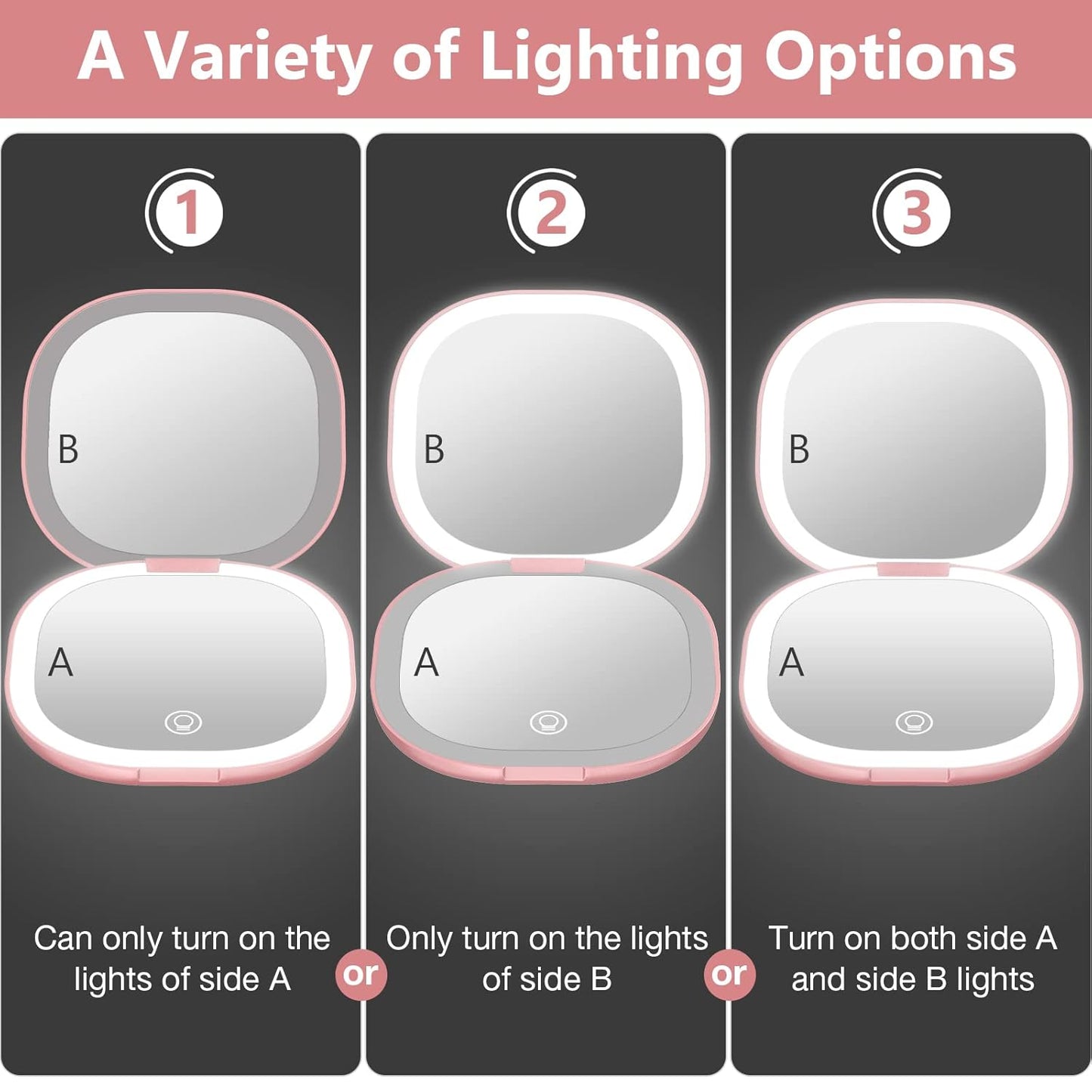 Travel Mirror with Light - Rechargeable 1x/10x Compact Magnifying Mirror | Dimmable Pocket Mirror, 3.5 Inch, Rose Gold