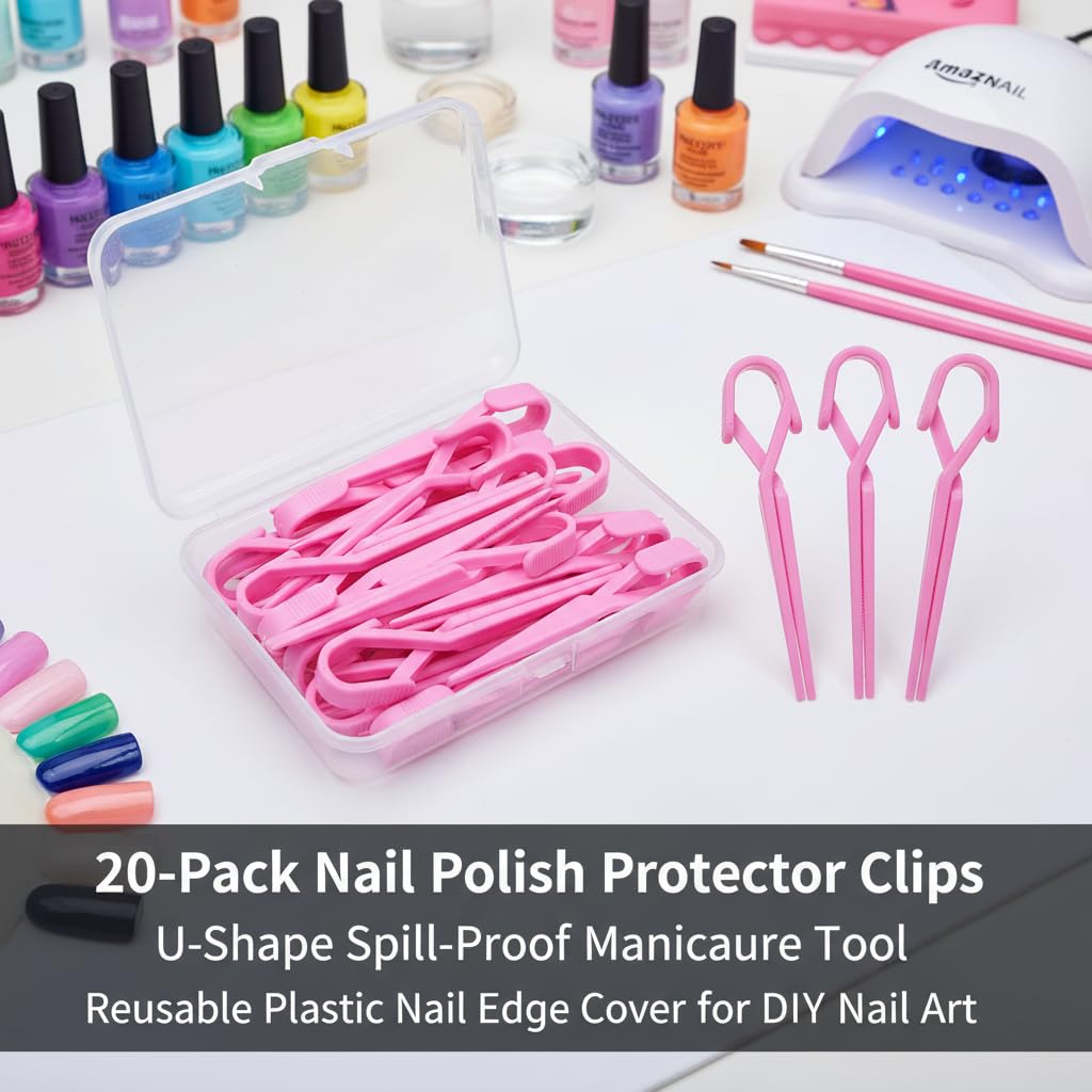 20-Pack Nail Polish Protector Clips, U-Shape Spill-Proof Manicure Tool, Reusable Plastic Nail Edge Cover for DIY Nail Art