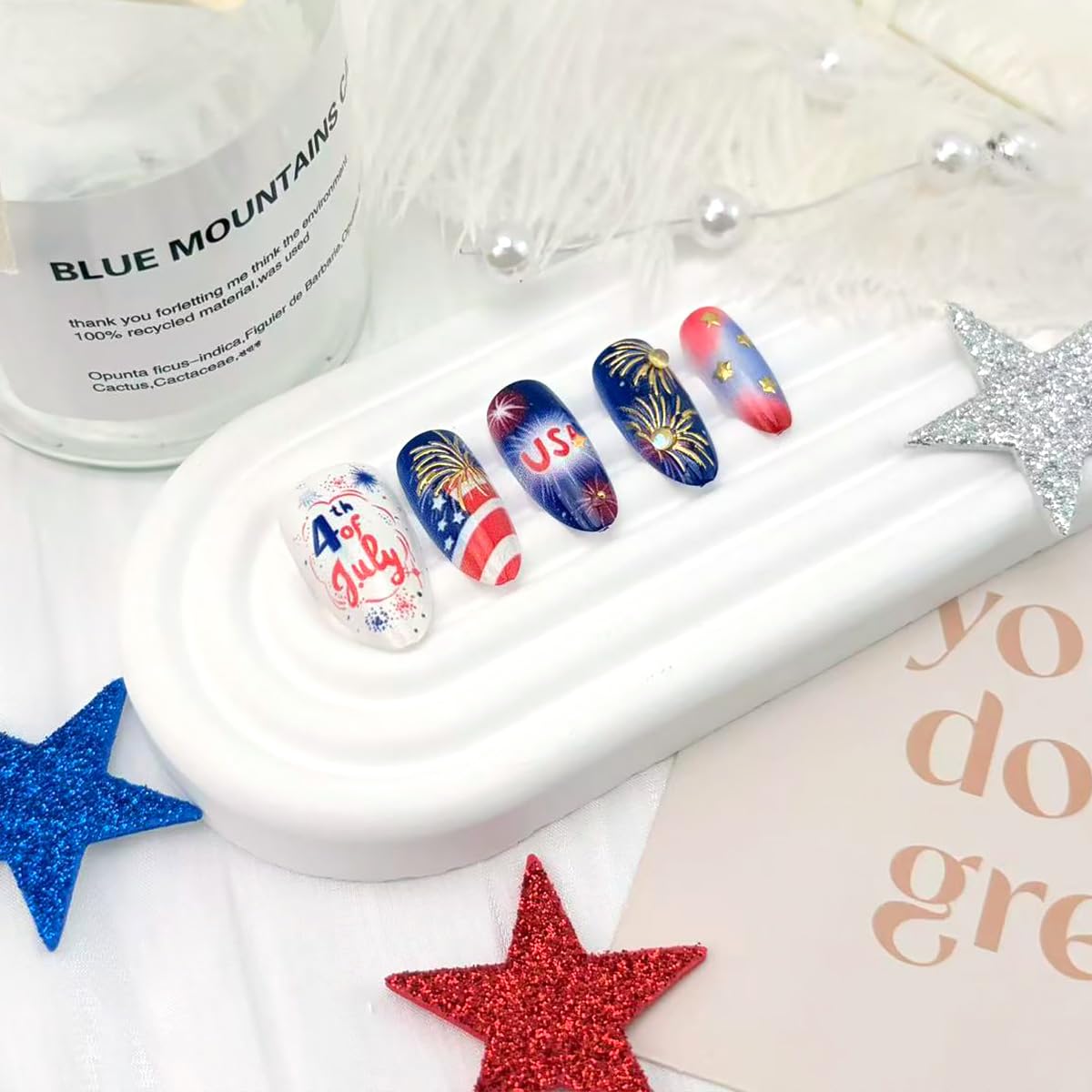 30Pcs 4th of July Press-On Nails - Medium Almond Patriotic Acrylic Nails | Red, Blue & White Designs