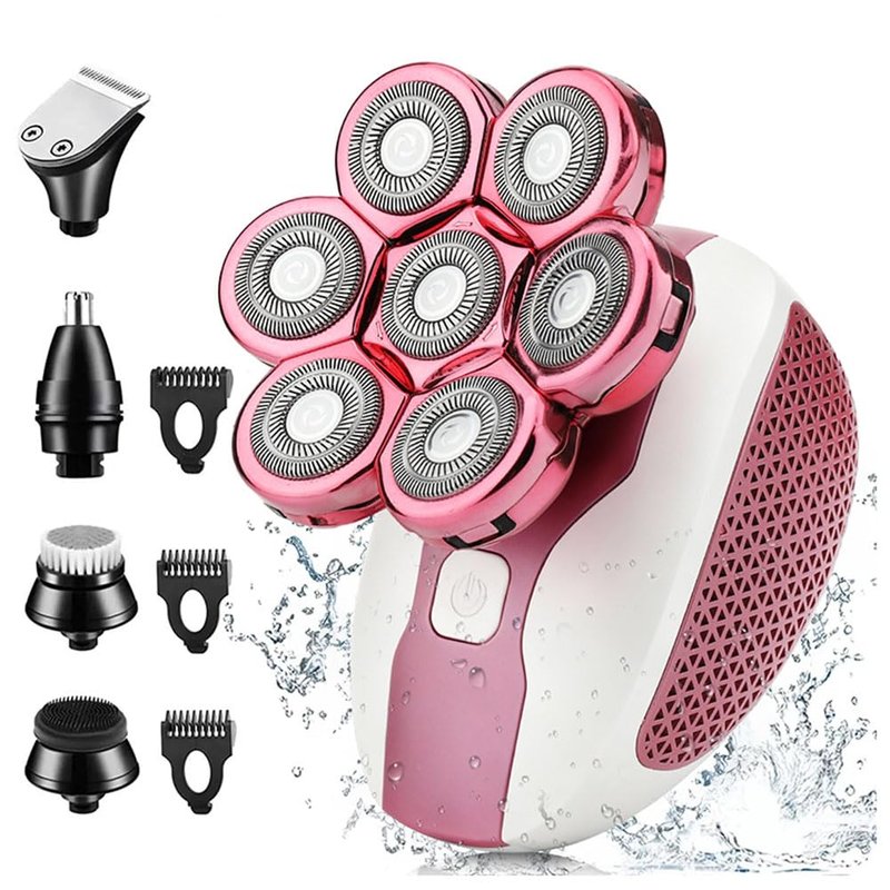 Electric Shaver for Women Legs, IPX7 Waterproof Rechargeable Body Razors with 7-Blade, Facial Hair Remover, Nose Trimmer & Cleansing Brush, Wet/Dry Lady Bikini Trimmer Grooming Kit Gift for Her