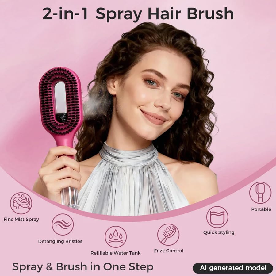 2-in-1 Mist Hair Brush - Detangling Spray Brush for Hydrating & Frizz Control | Hot Pink