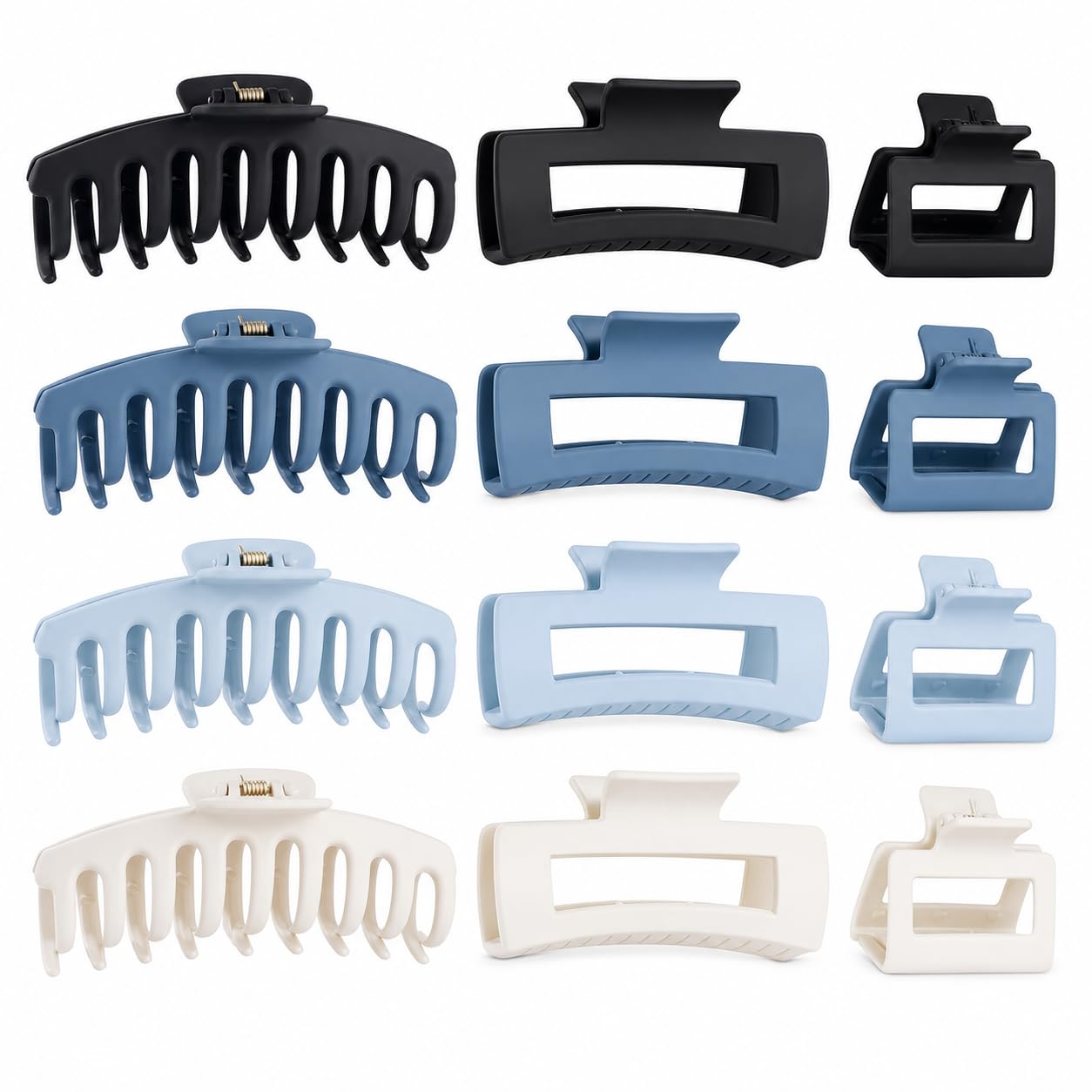 Matte Hair Claw Clips - 12 Pack Durable Non-Slip Hair Claws for Women | Small, Medium, Large - Black, Deep Blue, Light Blue, White