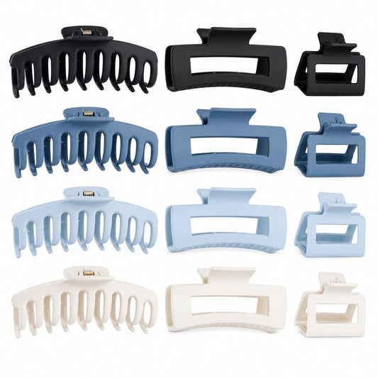 Matte Hair Claw Clips - 12 Pack Durable Non-Slip Hair Claws for Women | Small, Medium, Large - Black, Deep Blue, Light Blue, White