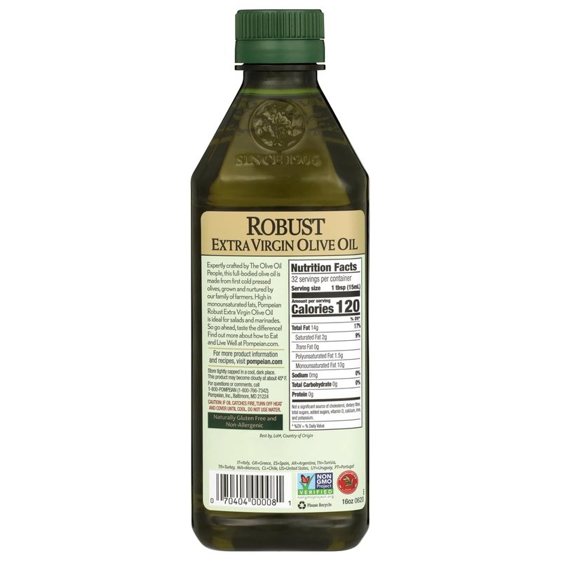 Pompeian Robust Extra Virgin Olive Oil - 16 Fl Oz - First Cold Pressed Olive Oil for Cooking - Bold Taste for Pasta, Marinades, and Salad Dressings