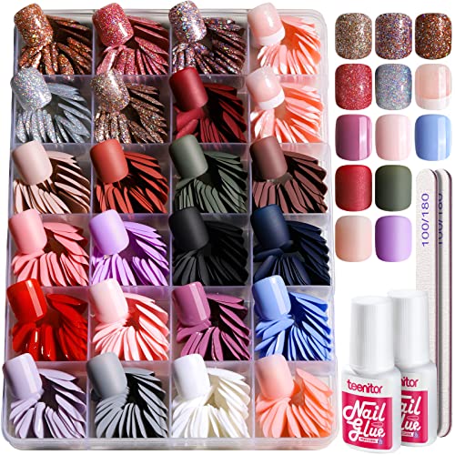 Teenitor 576Pcs Short Square Press On Nails Kit - Matte, Glossy & Glitter