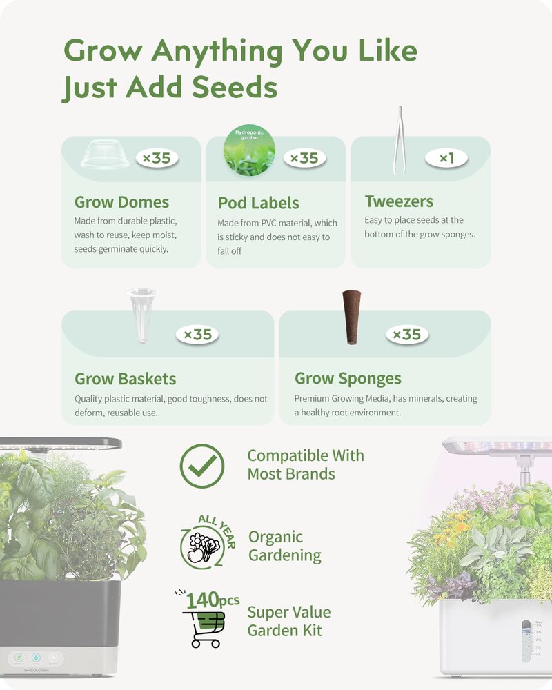 URUQ 140Pcs Hydroponic Pods Supplies: Compatible with AeroGarden Grow Anything Herb Kits - Includes Grow Sponges Grow Baskets Grow Domes Labels - Hydroponics Supplies for Most Brand