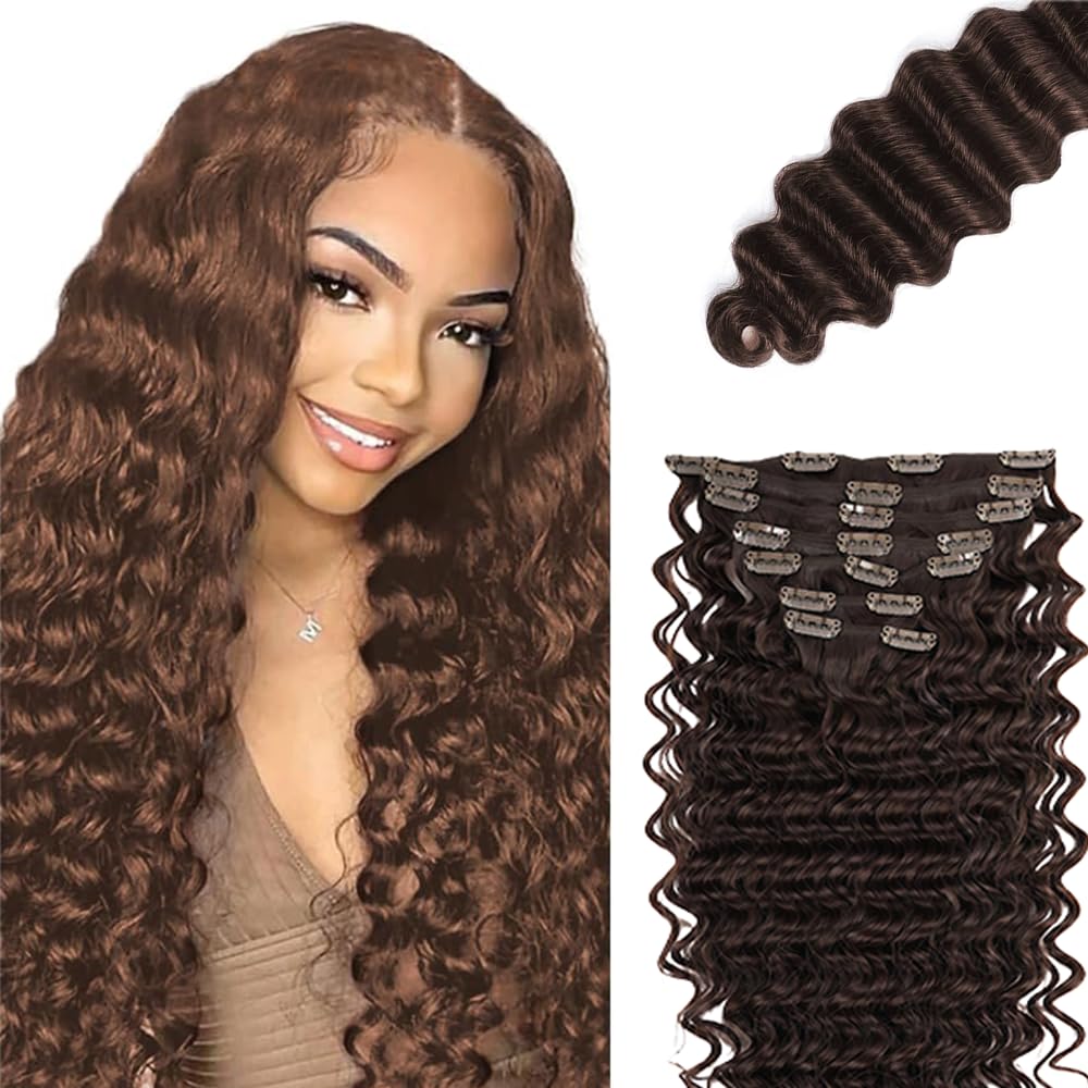 #4 Brown Clip in Hair Extensions Real Human Hair, 14 Inch 120g/7Pcs,Full Shine Dark Brown Remy Human Hair,Chocolate Brown Deep Wave Clip ins Brazilian Virgin Hair Extensions