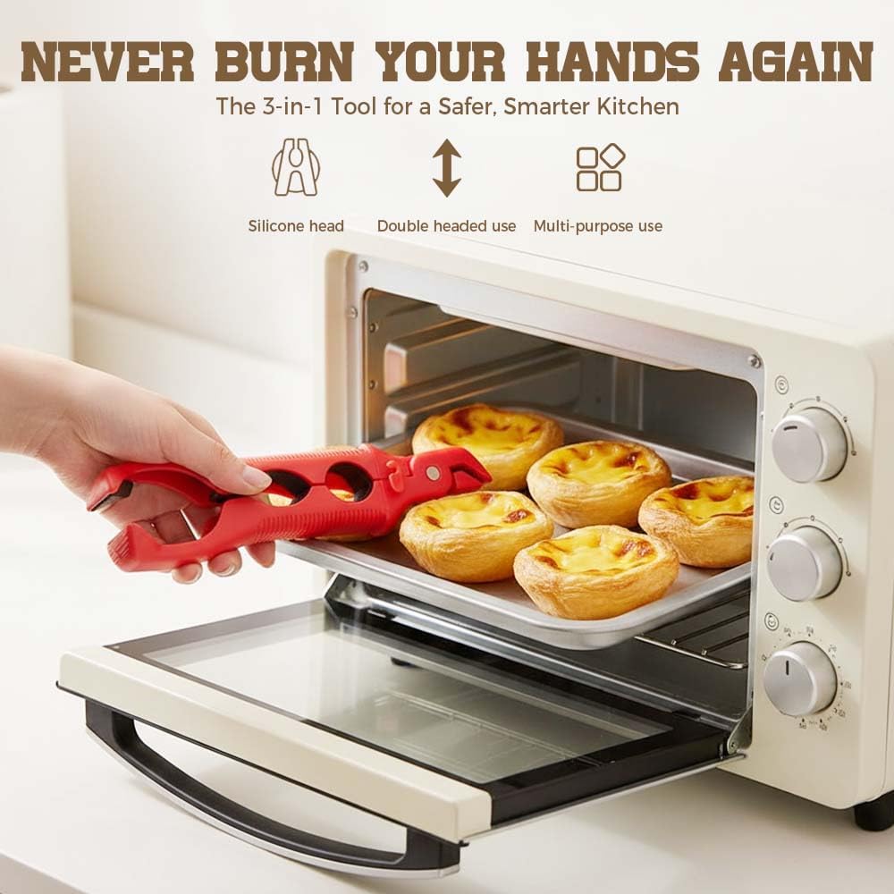 3-in-1 Hot Plate Gripper - Multi-Angle Anti-Scald Bowl Holder Tool | Red, Secure Lock Design