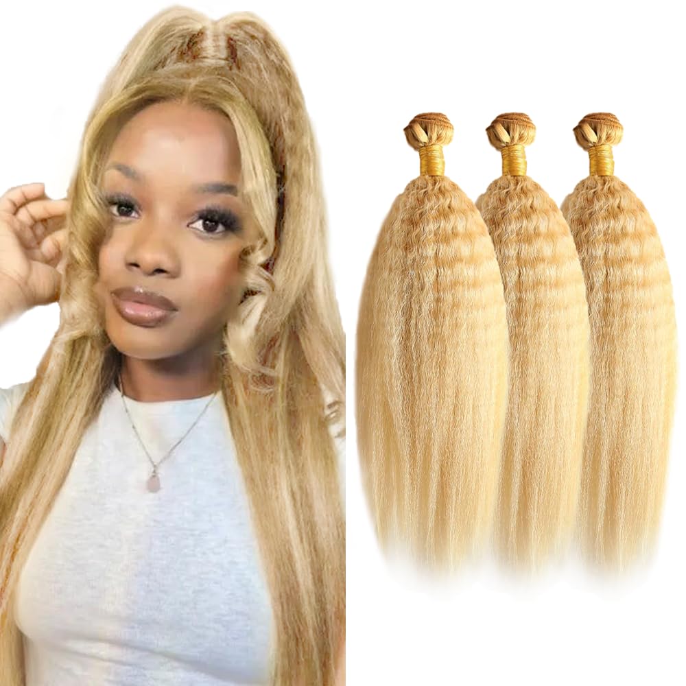 P27/613 Highlight Honey Blonde Bundles Human Hair Blonde Yaki Straight Bundles 16 18 20 Inch Unprocessed Brazilian Virgin Hair 3 Bundle 50 Gram Per Bundle Deals Quick Weave Hair Extensions