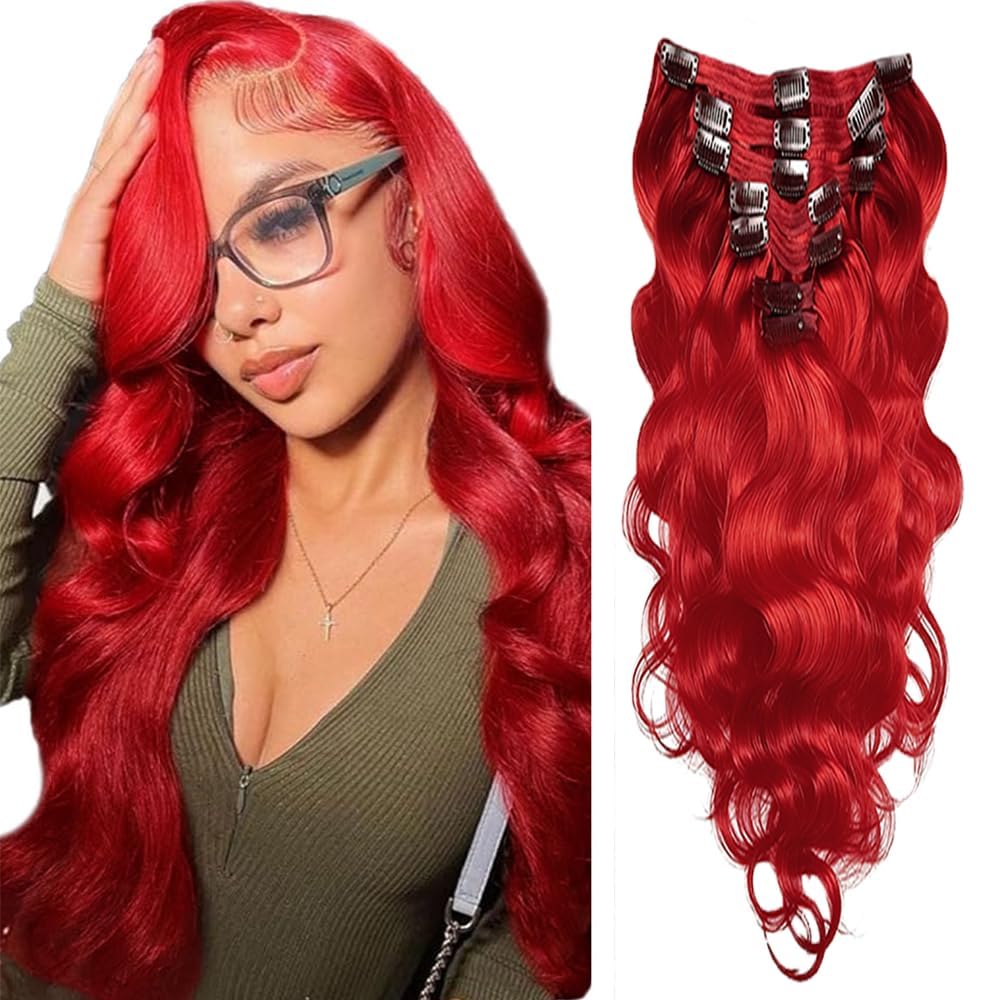 Red Clip in Hair Extensions Real Human Hair, 14 Inch 120g/7Pcs,Full Shine Remy Human Hair,Wine Red Long Wave Clip ins Brazilian Virgin Human Hair Extensions