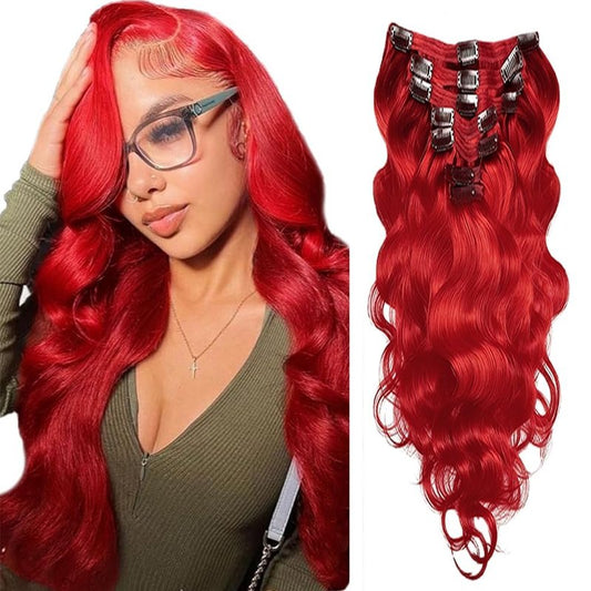 Red Clip in Hair Extensions Real Human Hair, 14 Inch 120g/7Pcs,Full Shine Remy Human Hair,Wine Red Long Wave Clip ins Brazilian Virgin Human Hair Extensions