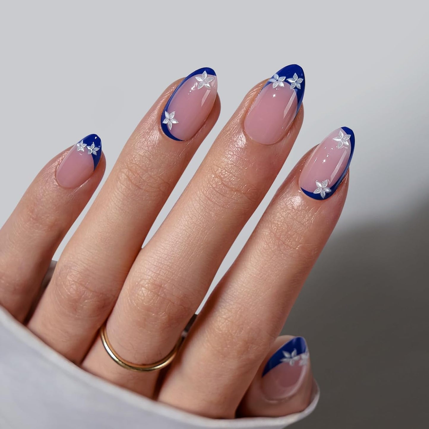 French Tip Press On Nails - Chrome Short Almond Design | Semi-Transparent Soft Gel, 16 Sizes, 32 Piece Kit