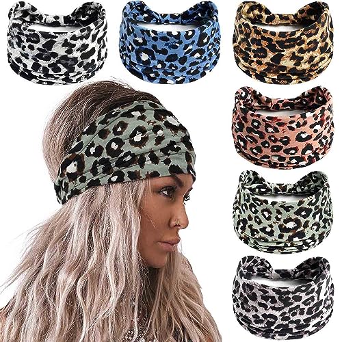 Olbye Leopard Turban Headband - Wide Boho Non-Slip Yoga Hair Wrap (H-Leopard)