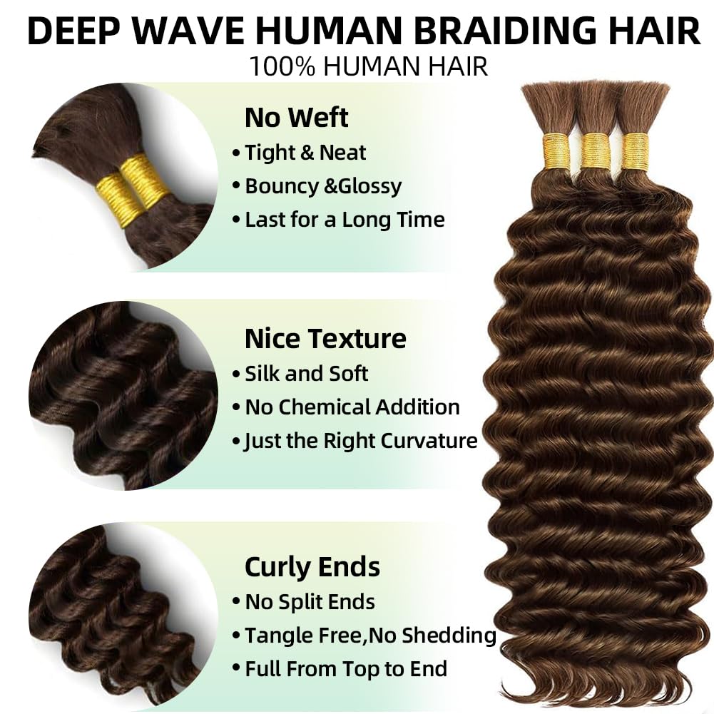 Color 4 Brown Boho Human Braiding Hair 120g Curly for Boho Braids Bohemian 100% Human Hair for Braiding Wet and Wave Deep Wave Bulk Human Hair for Boho Knotless Braids No Weft 3 Bundles 16 Inch