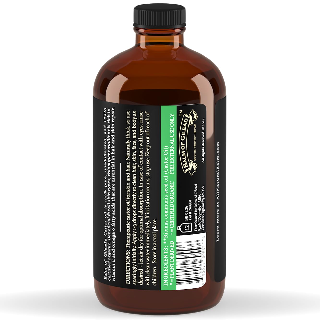 Organic Castor Oil for Skin Hydration - 100% Pure, Cold Pressed, Hexane Free | 16 oz Glass Bottle for Hair & Eyelashes Growth