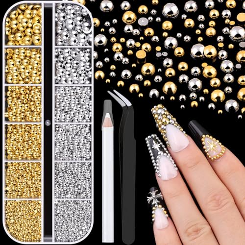 Half Round Nail Pearls Gems - Gold & Silver Charms (6 Sizes)