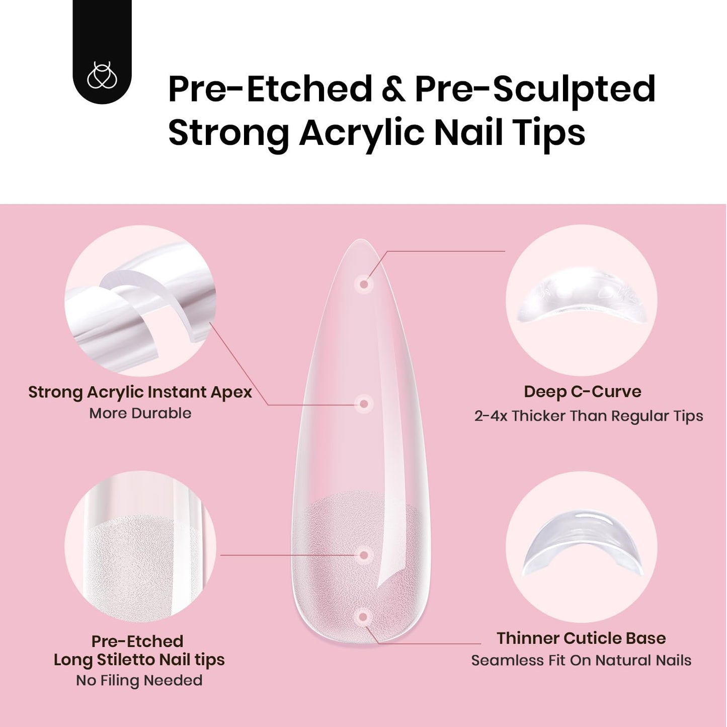 Beetles Tipex Instant Apex Nail Tips, Long Stiletto, 16 Sizes 00–14, 512pcs, No Builder Gel Required, Thicker Strong Acrylic Tips for DIY Salon-look Extensions
